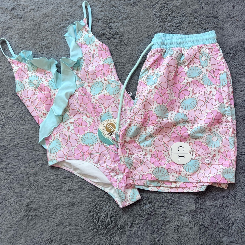 Caden Lane Pink and Blue Floral Swimsuit Set (his and hers)